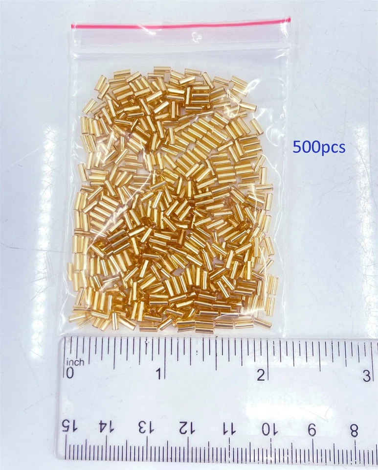 500 pcs Glass Bugle Beads Plated Metallic Goldenrod tube cylinder Seeds 4 - 5mm - Image 4 of 4