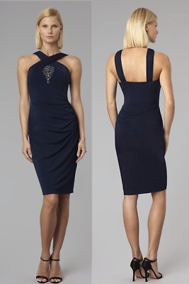 David Meister Beaded Navy Stretch Matte Jersey Halter Cocktail Dress 10