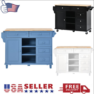 53''L Kitchen Island Cart W/ Rubber Wood Desktop Rolling Mobile,torage & 5 Draws