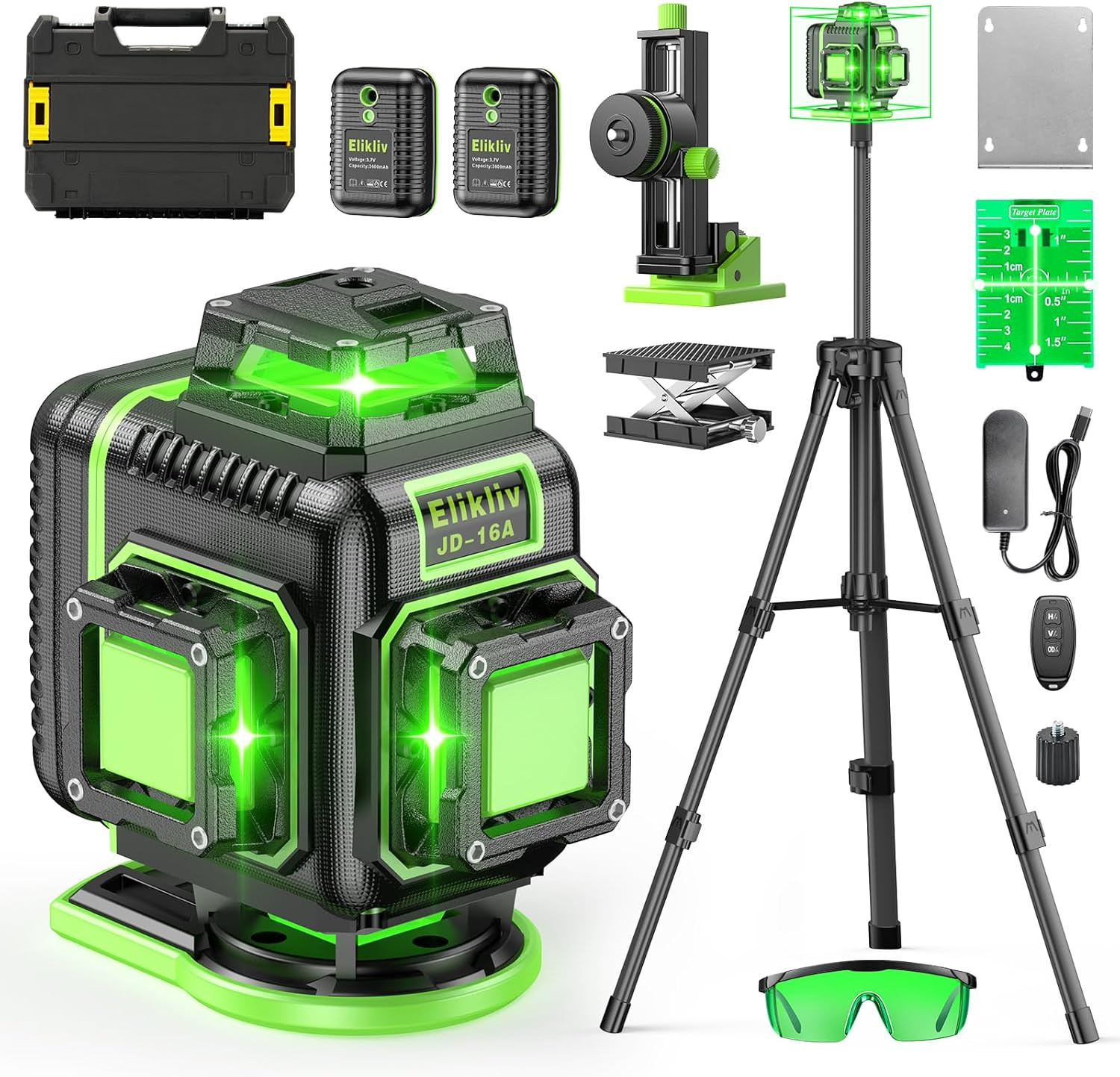Laser Level 360 Self Leveling with Tripod, Elikliv 4D Laser Level, 165Ft Green L