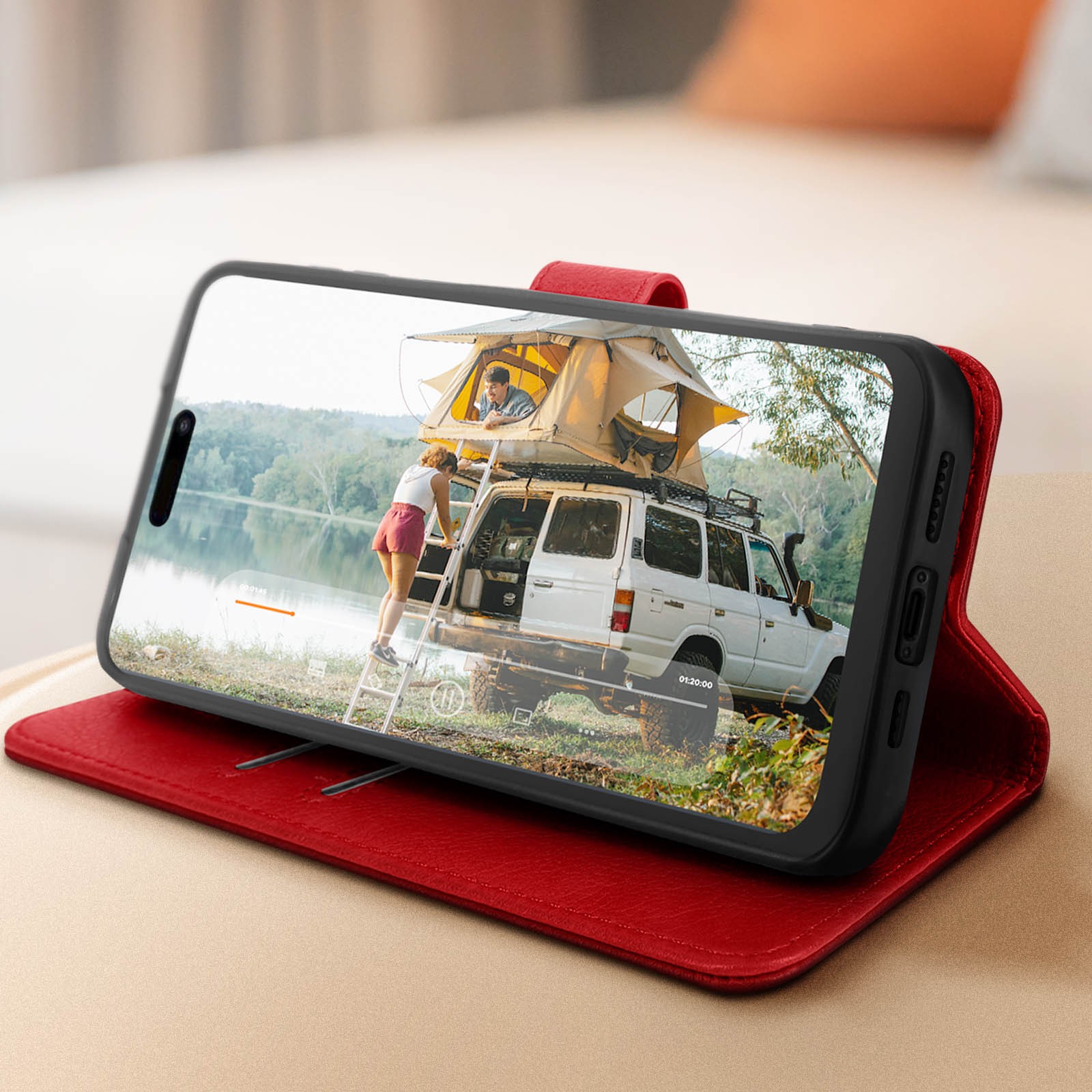 Étui antichoc iPhone 15 rouge en cuir synthétique avec support pliable