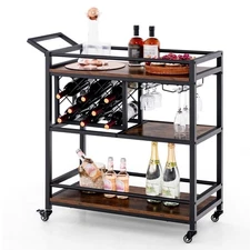 3-tier Bar Cart on Wheels Home Kitchen Serving Cart w/ Wine Rack & Glass Holder