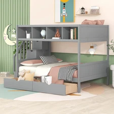 Twin over Full Bunk Bed, Storage Stairs, Shelves, 2 Drawers, Gray