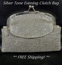 Silver Tone Evening Clutch Bag Wedding Party Formal Purse Metallic Satin Lined