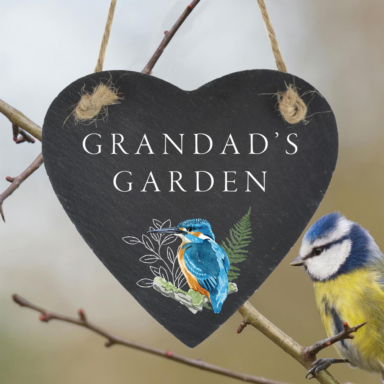 Grandad's Garden Kingfisher Bird In Garden on Slate Heart Hanging Plaque