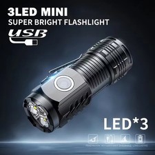 Mini LED Flashlight Ultra Bright Tri-Core Torch USB Rechargeable Pocket Work Lam