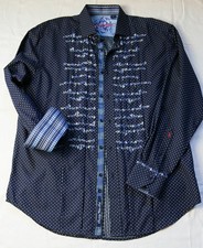 Robert Graham Shirt Mens Large Button Up Flip Cuff Silk Cotton Navy Embroidery