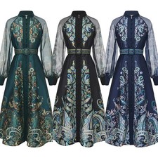 Women's Court Style Retro Mesh Printed Lantern Sleeve Dress Slimming Long Skirts