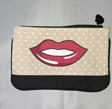 Ipsy Fabric Polka Dot  Red Lips  Black &  Beige Makeup Glam, Cosmetic,Travel Bag