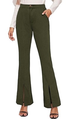 EVALESS Womens Flared Dress Pants Large Green Slim High Waisted