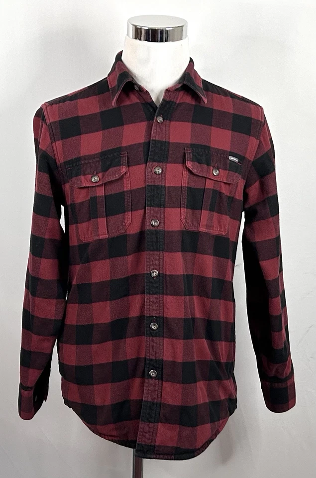 Eddie Bauer Small Fleece Lined Flannel Shirt Buffalo Plaid Red Black Cotton - Image 2 of 4