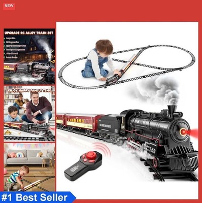 RC Train Set Alloy Steam Locomotive Light Up Cars Tracks Remote Control