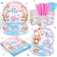 120PCS Bear Themed Gender Reveal Party Supplies for Baby Girl Boy Pink or Blu...