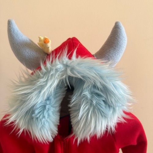 Child’s Red Hoodie Size 6 Monster Horns Blue Fur Bird Zip Up Handmade Artisan - Picture 6 of 10