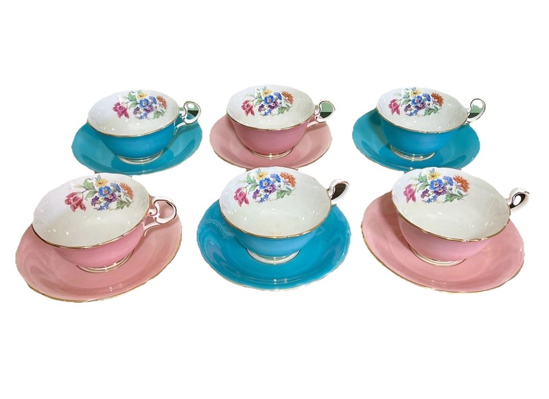 Vintage Ansley Fine Bone China Gilt English Demitasse Cups & Saucer Sets (6)