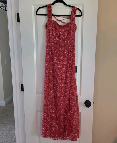 Lulu's Red Floral Summer Maxi Midi Dress Side Slit Medium NWT