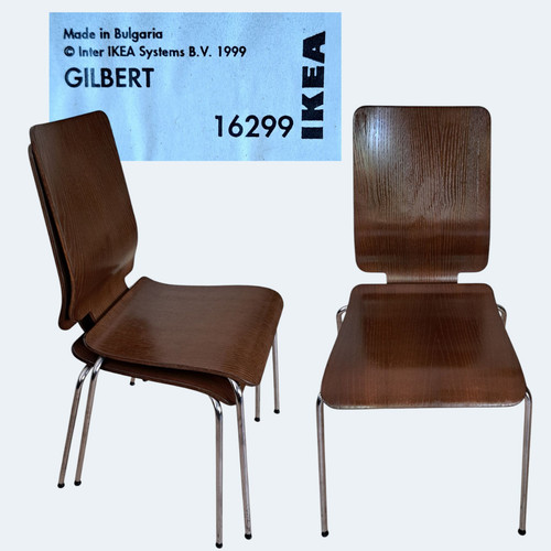 Set of 2 Ikea Stackable Dining Chairs Gilbert Oak Veneer & Chrome MCM 1990s