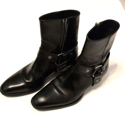 YSL Saint Laurent Wyatt Harness Ring Boots Black Leather Side Zip
