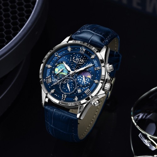 LIGE Herren Armbanduhr Quarz Datum Mondphase Leuchtend Wasserdicht Männer Uhr - Bild 2 von 8