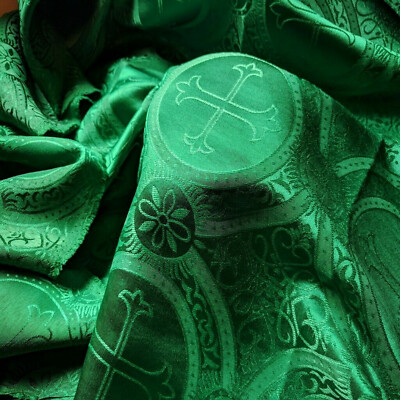 EMERALD GREEN SATIN JACQUARD LITURGICAL FABRIC CROSS REVERSIBLE BROCADE CLERGY 