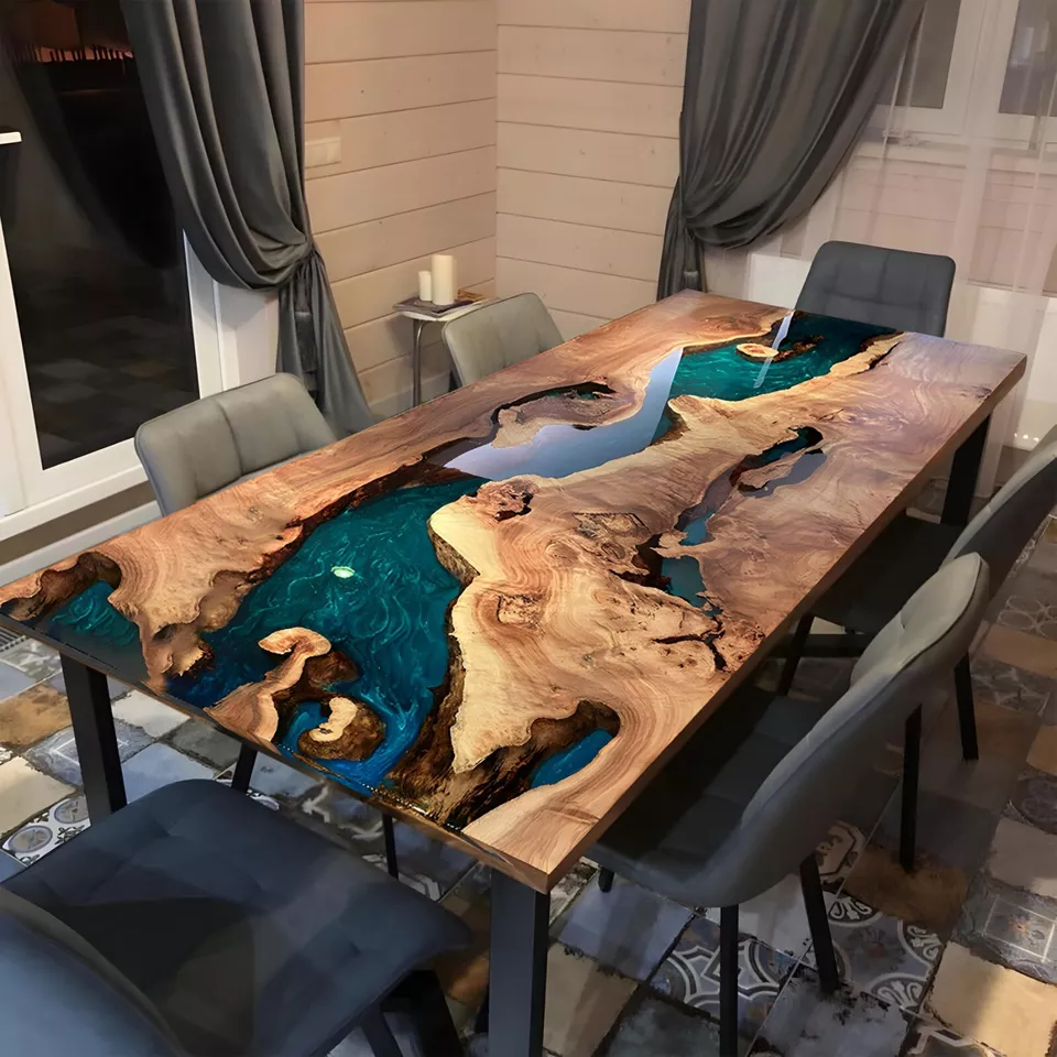 Custom Golden Charmhor and Olive Epoxy River Dining Table Top | Handmade Artisan - Image 4 of 4