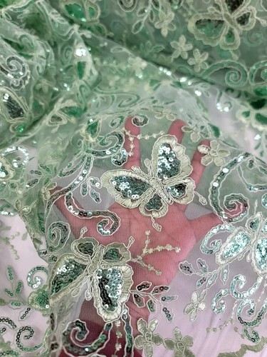 Butterfly Design Lace Sage Embroidered Sequins Fabric Sold By Yard Quinceañera - Picture 15 of 15