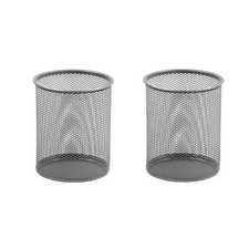 Office Round Desk Steel Mesh Pencil Cup Pen Holder Silver, 2210-2374 Pack of 2