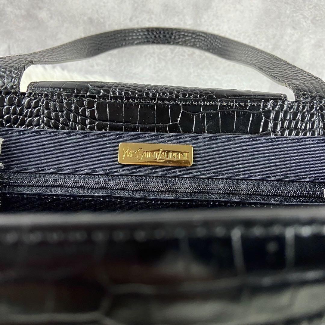 Yves Saint Laurent Top Handle Tote Bag YSL Logo Leather Black Croco