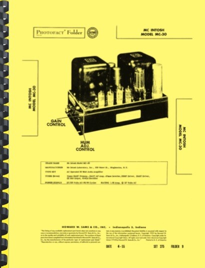 McIntosh MC30 MC-30 Amplifier OWNER'S MANUAL and SERVICE MANUAL 