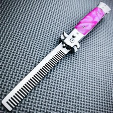 Automatic Push Button Folding Comb Switchblade Knife Looking Brush Pink Pearl