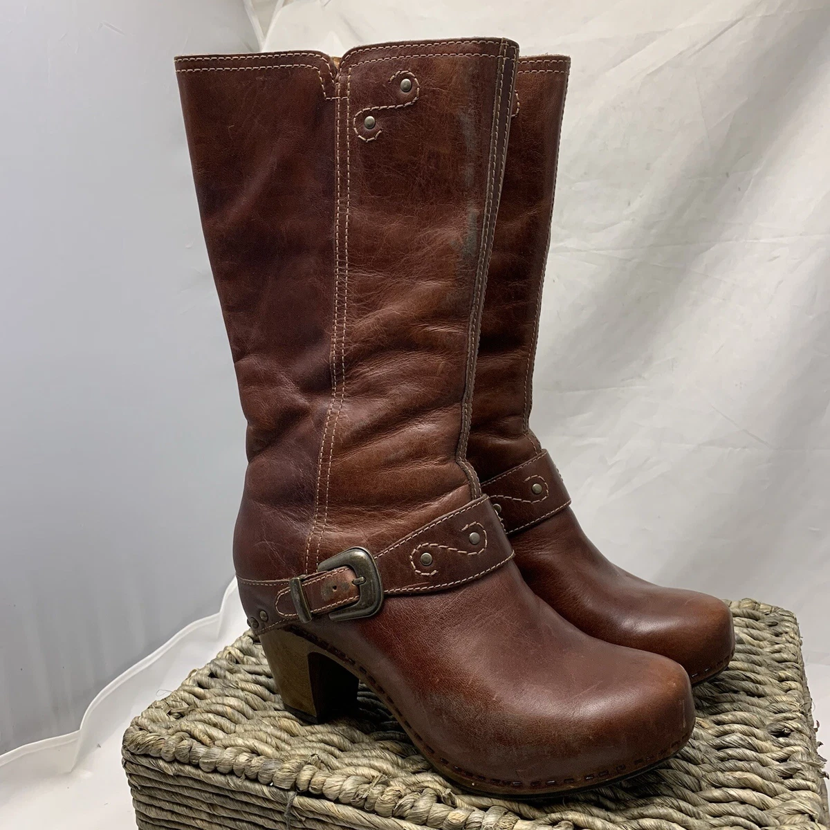 Dansko Leather Harness Boot Rylan Wood Heel Buckle Studs Women Sz