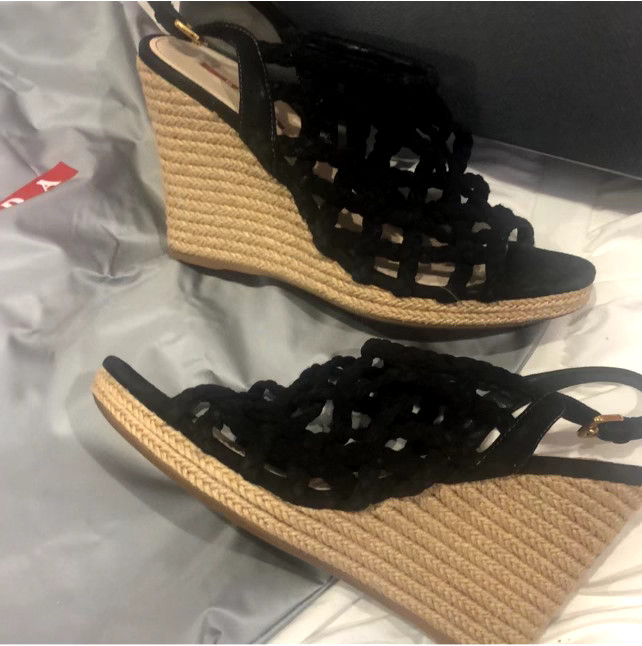 AUTHENTIC PRADA BLACK WOVEN ESPADRILLES WEDGE SANDALS SIZE 7.5 BOX DUST BAG INCL