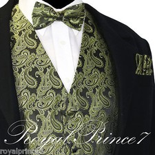 Olive Green XS to 6XL Paisley Tuxedo Suit Dress Vest Waistcoat  Bow tie Hanky
