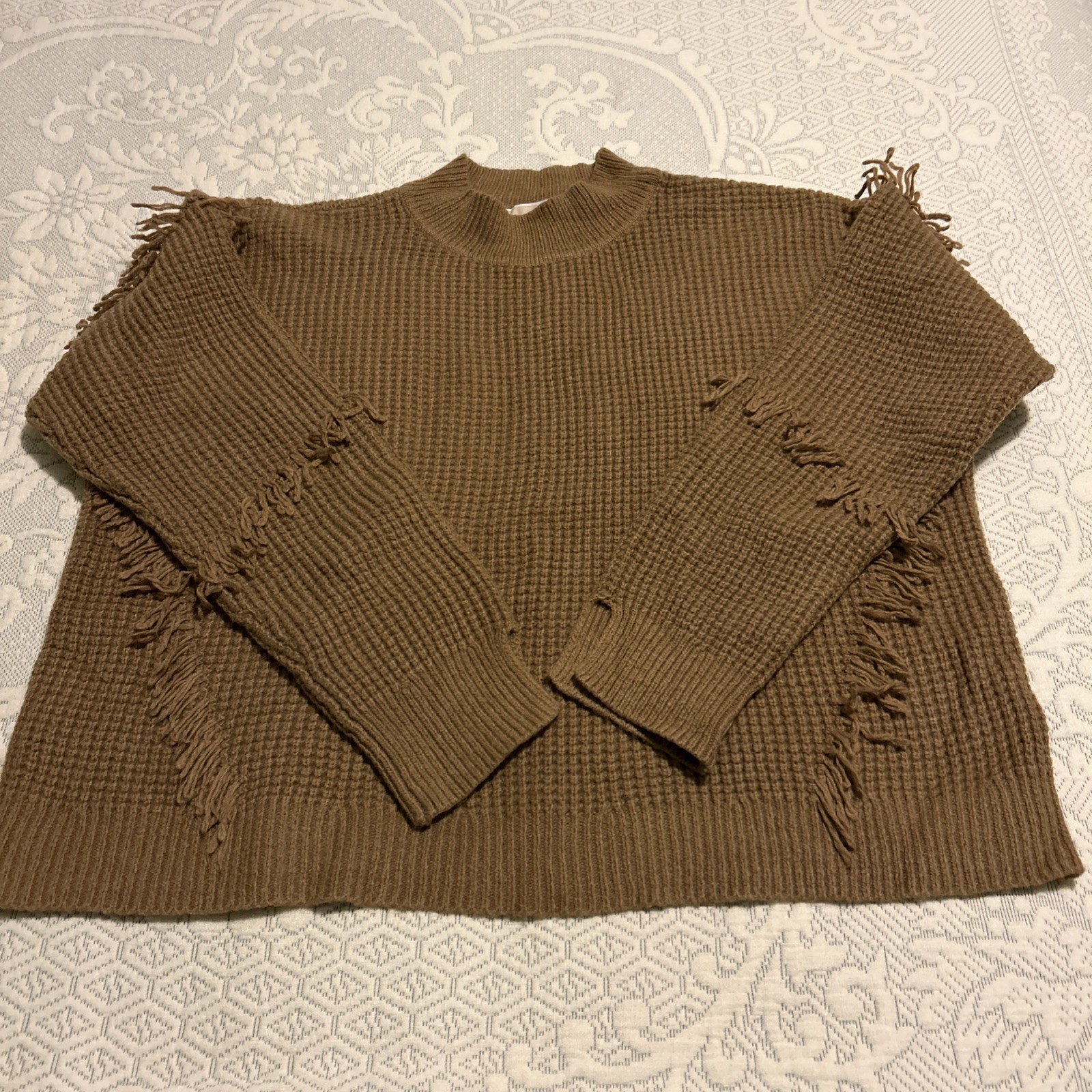Michael Kors Women’s XL Fringe Knit Mock Neck Sweater Beige