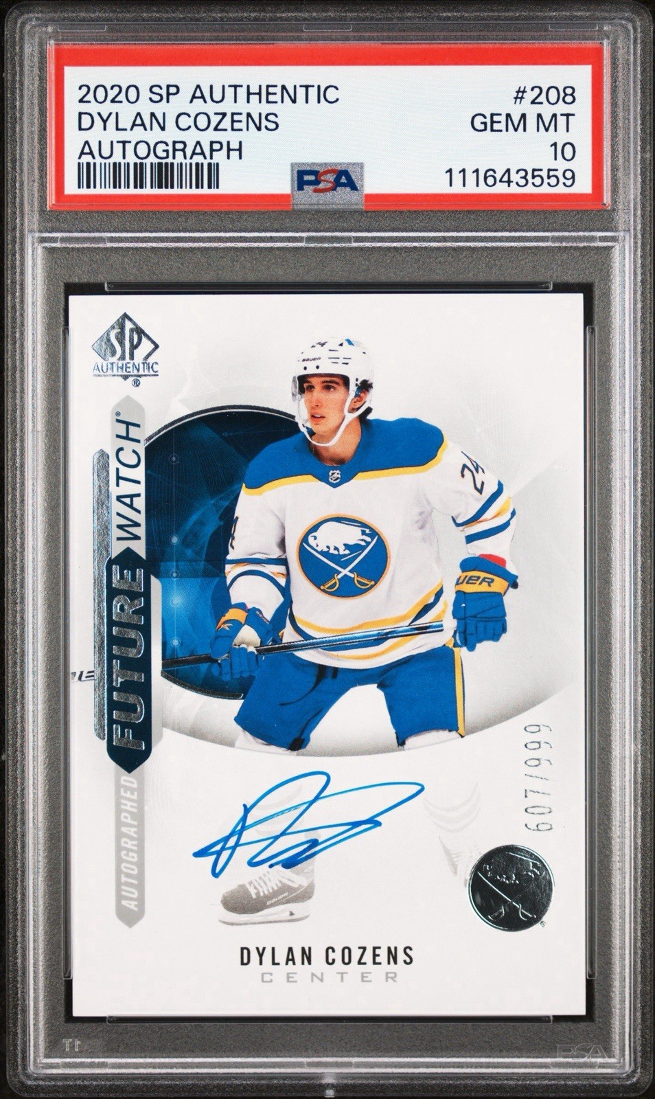 2020 UD SP Authentic Dylan Cozens Watch Rookie Auto /999 PSA 10 Sabres RC 208