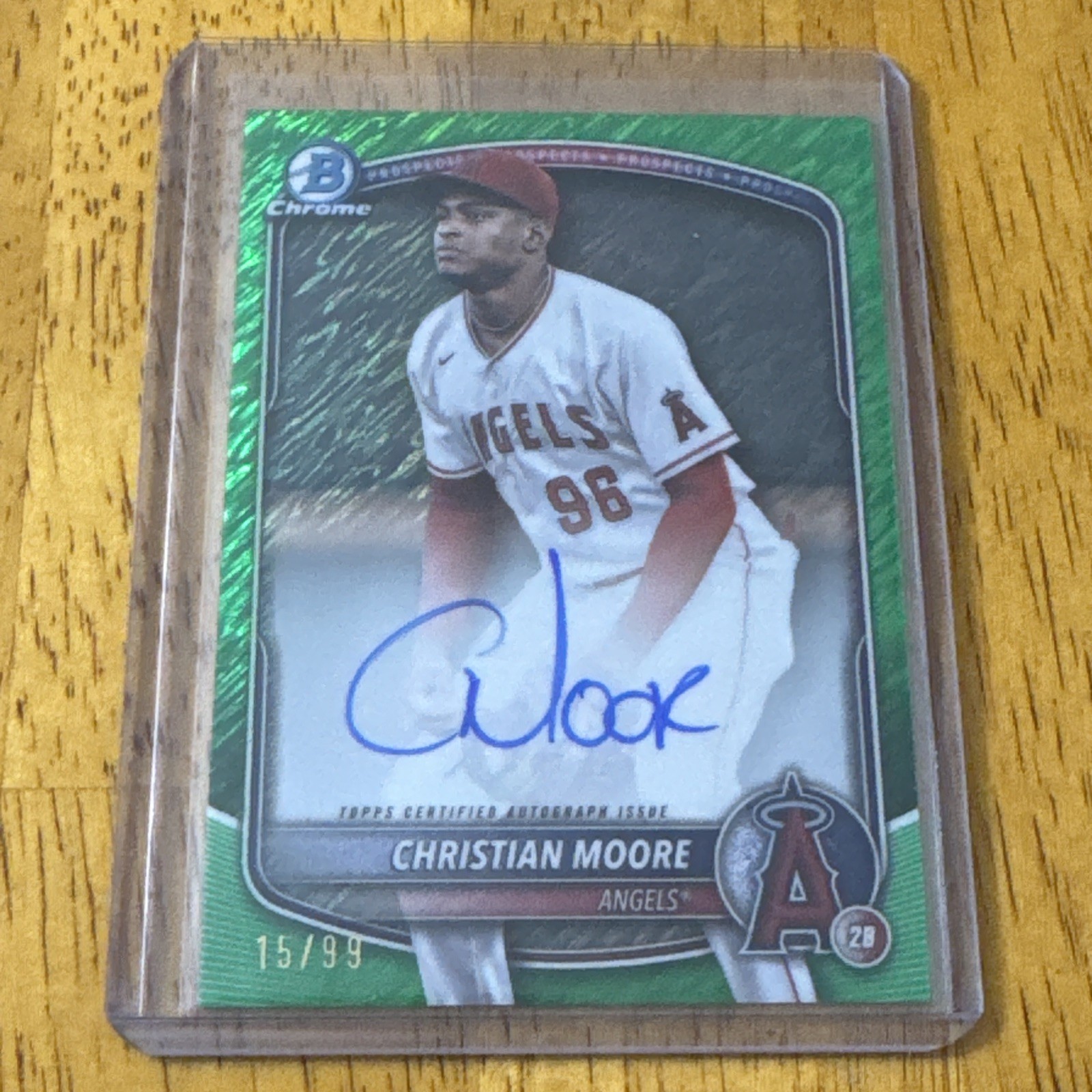 2025 Bowman Chrome Prospects Autograph Christian Moore Green Shimmer 15/99