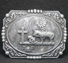 XA23112 NOS VINTAGE 1990s  COWBOY  HORSE AT CROSS  RELIGIOUS BELT BUCKLE