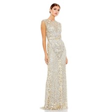 Mac Duggal NEW HIGH NECK SLEEVELESS BEADED FRINGE FITTED GOWN Platinum Gold