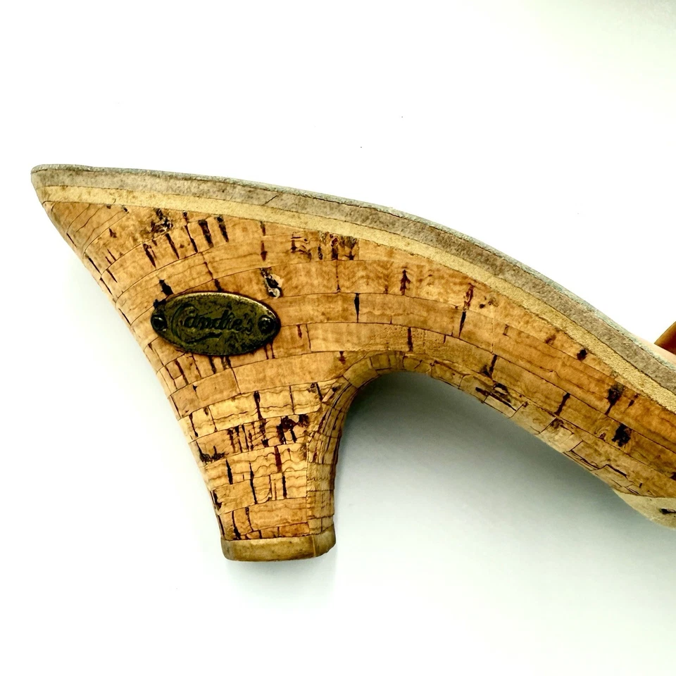 Vintage Candie’s Natural Demi Leather Bow Cork Heel Slide Women’s 7M Classic 80s - Image 3 of 4