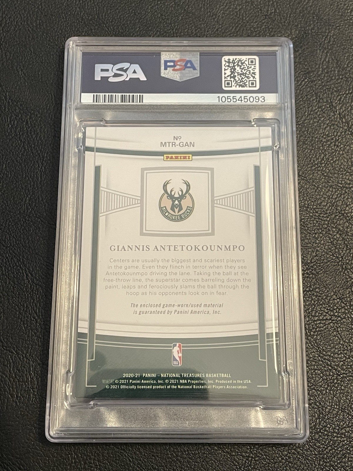 2020-21 National Treasures Giannis Antetokounmpo Game Worn 3-Color Patch /25 PSA view 3