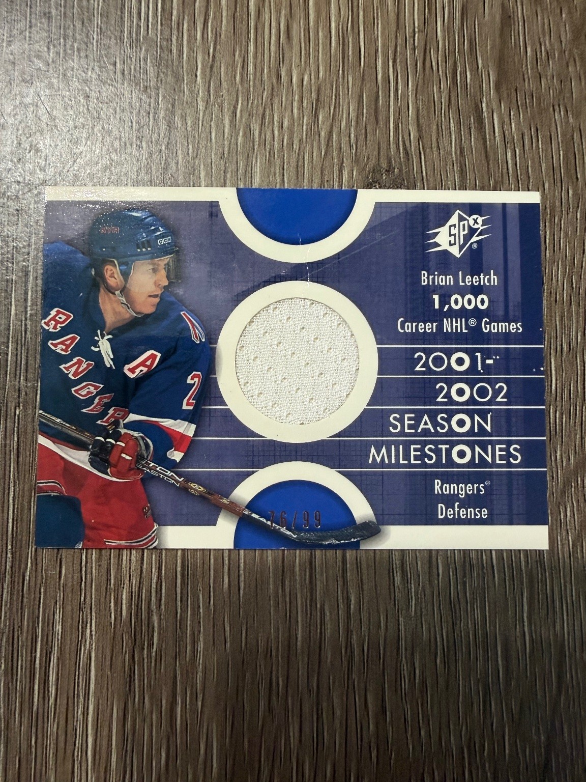 Brian Leetch Rangers 2001-02 SPx Season Milestones Game Used Jersey Relic #'d/99
