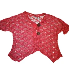 Le Moda Womens Open Knit Top Size XL Pink Short Dolman Sleeve Button Shark Bite