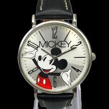 Disney Womens Watch 36mm Mickey Mouse Silver Tone MCK493 Black Leather Band