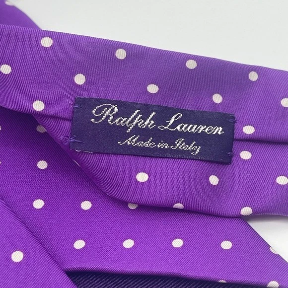 Corbata Ralph Lauren Hombres Púrpura Blanco Lunares Seda Hecha en Italia Púrpura Etiqueta Mano Foto 3 de 4