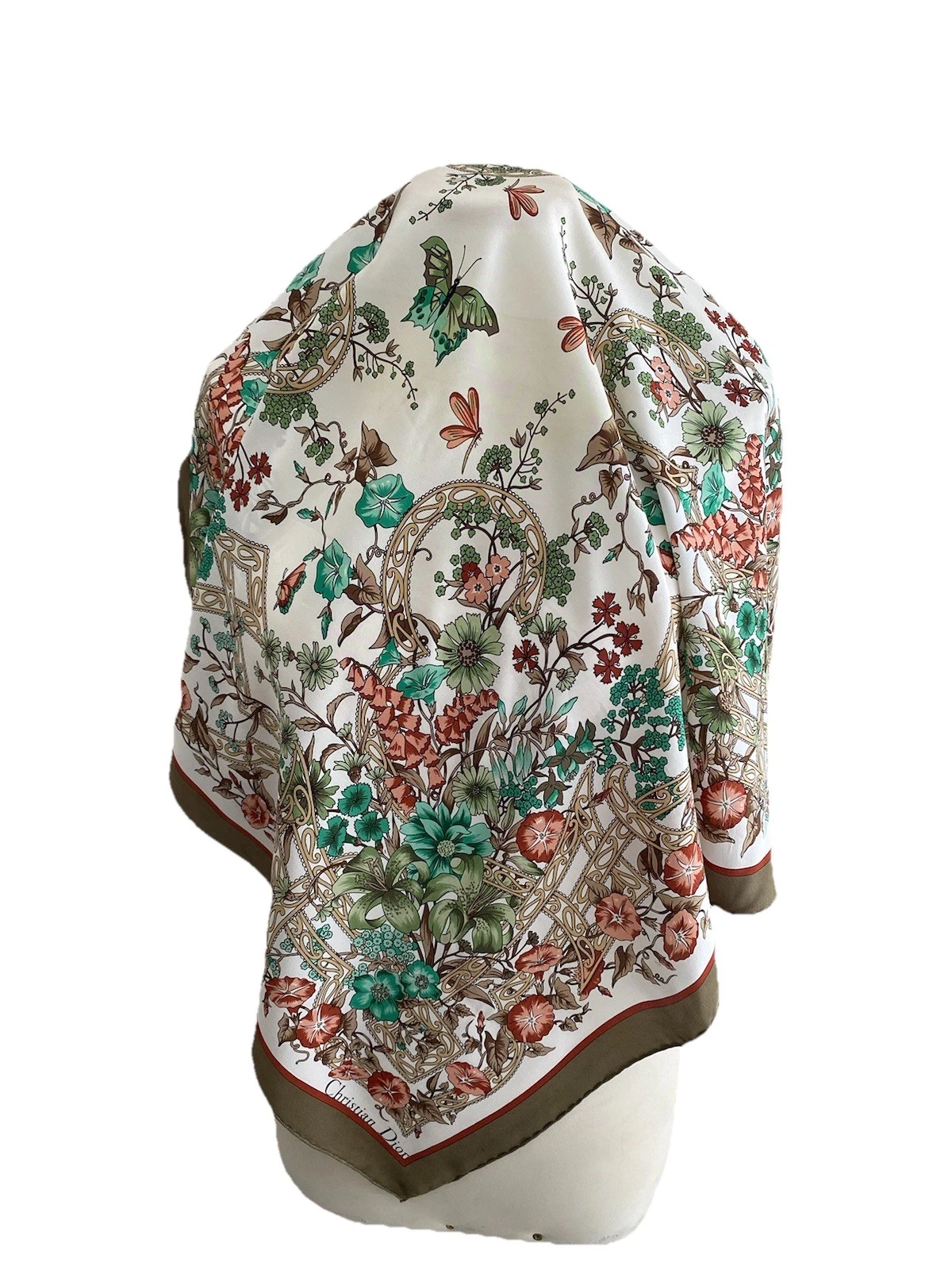 S33# Foulard Christian Dior multicolore en soie à fleurs 34 pouces a tache