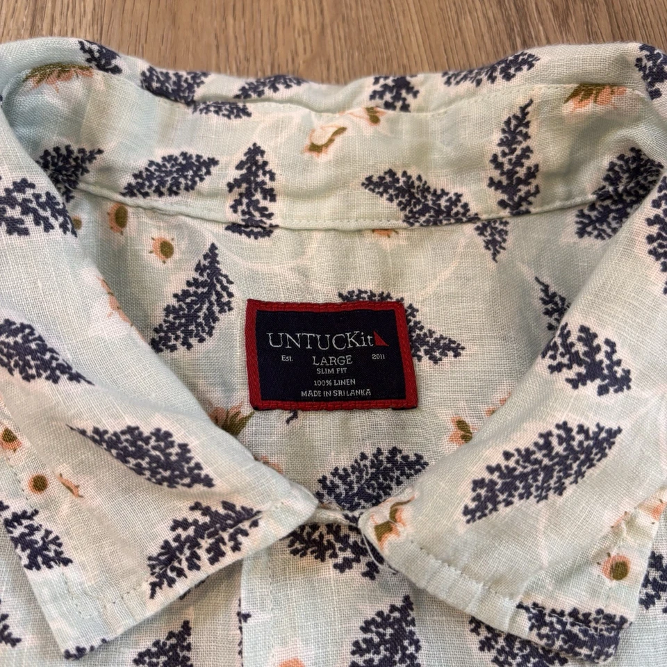 UNTUCKit Men’s Slim Fit 100% Linen Heaton AOP Short Sleeve Shirt Teal Size L - Image 4 of 4