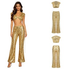 Women Dance Outfits Competition Costume Shiny Crop Top Stage Long Pants Disco