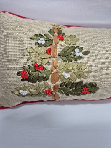 Christmas Tree Bolster Accent Pillow Ribbon Embroidery Gold Fabric Red Trim 23" - Picture 5 of 17