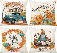Fall Pillow Covers 18X18 Set of 4 Maple Leaf Truck Pumpkin Thanksgiving Decorati