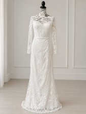 WG002 Lulus Romance Dreamer Size L White Lace Off-Shoulder Wedding Gown New